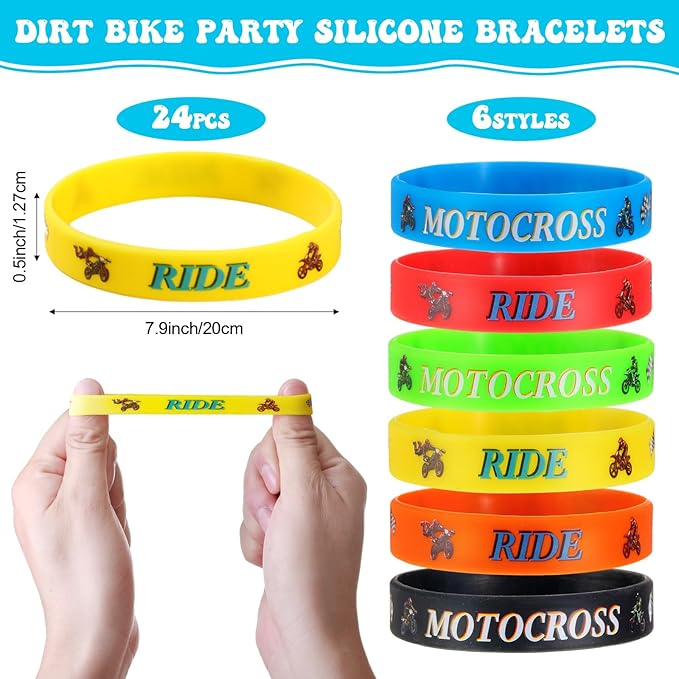 Aoriher 48 Pcs Dirt Bike Party Favors 24 Motocross Rubber Bracelets Wristbands 24 Motorcycle Keychains Birthday Goodie Bag Fillers Classroom Rewards for Kids Boys Girls 2025 Happy New Year Gifts