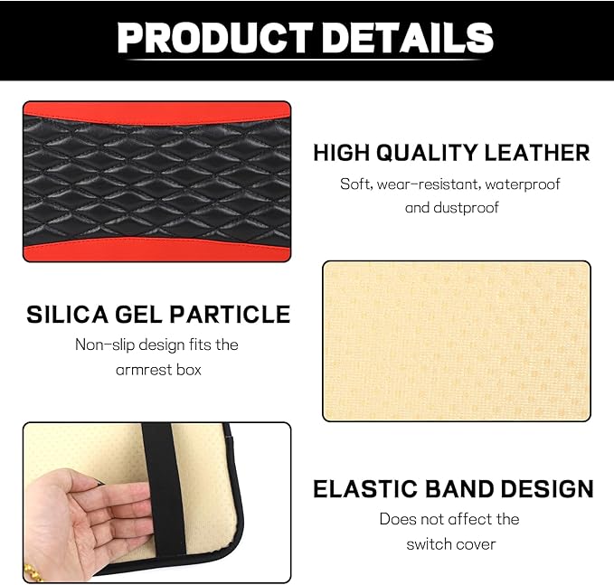 ongfuwu Car Center Console Cushion Pad, 12.72"×7.52" Leather Waterproof Auto Armrest Seat Box Protector, Car Center Console Cover, Universal Interior Decor Car Accessories for SUV Truck (Red)