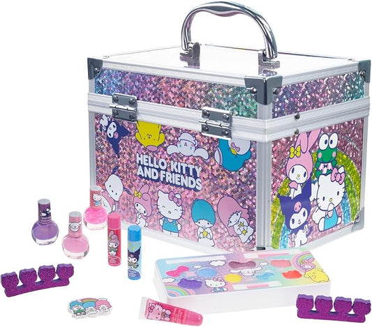 Hello Kitty & Friends - Townley Girl Train Case Makeup Set for Kids, Includes Lip Gloss, Eye Shimmer, Nail Polish, Brushes, and More! Perfect for Parties, Sleepovers, and Makeovers. Non-Toxic, Ages 3+
