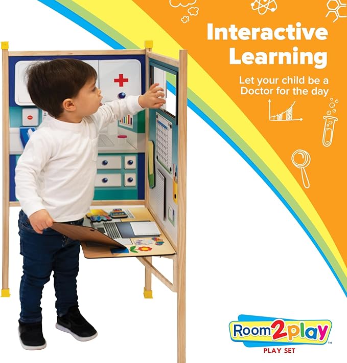 Large Kids Pretend Play Set for Toddlers Ages 3+ Years –Wooden Toy Playset Folds Away for Easy Storage with 20 Fun & Interactive Pieces (Doctor's Office)