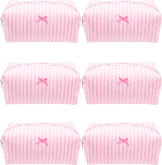 6PCS Cozy Makeup Bag Small Aesthetic Travel Zipper Cosmetic Pouch for Women Make Up Beauty Accessories Brushes, Stripe Cute Pink
