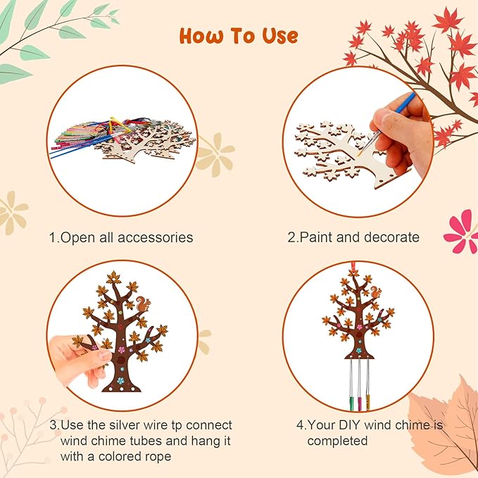 Fennoral 10 Pack Fall Wind Chime Kit for Kids Make You Own Fall Tree Wind Chime Wooden Arts and Crafts for Girls Boys DIY Coloring Fall Craft Activity Autumn Party Deocration