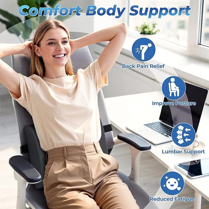 Lumbar Support Pillow for Office Chair Back Support - Memory Foam Lumbar Pillow for Car or Gaming Chair, Ergonomic Back Cushion with Adjustable Strap for Long-Hour Sitting (Grey,X-Large)