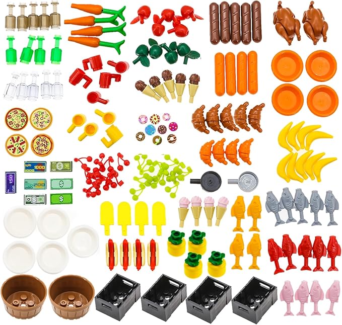 188pcs City Food Bricks Set, Picnic Toys Friends Kitchen Fram Restaurant DIY Pieces Parts Ice-Cream-Cupcakes Turkey-Banana-Carrot-Bread Basket Fish