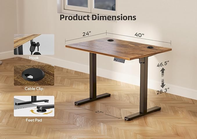 YDN Electric Standing Desk Adjustable Height, 40 x 24 Inches Stand up Desk with Cable Management, Home Office Desks with Splice Board & Black Frame, Rustic Brown Top