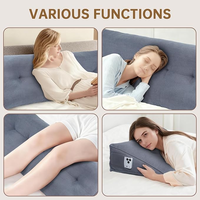 Headboard Pillow Full Bed Wedge Pillow for Dorm, Daybed, Back Support, Sitting Up, Reading, Relaxing, Beige Cream