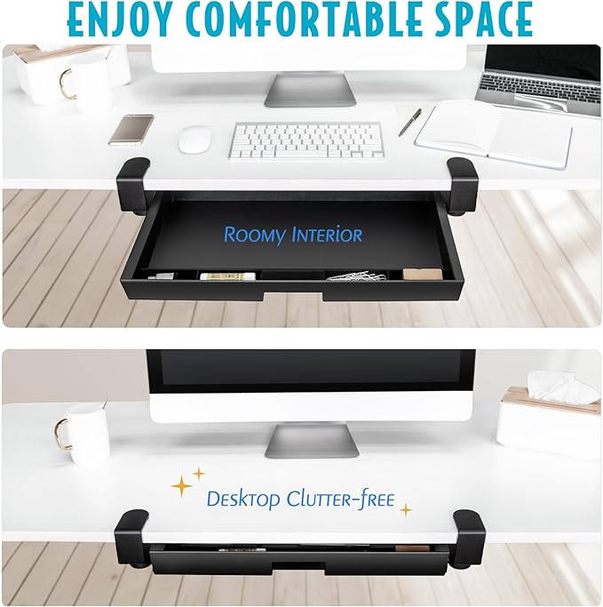 EHO Under Desk Slide-Out Storage Drawer, Large 20" x 11.8" Clamp-On Pull-Out Organizer with Adjustable Height, Space-Saving Tray for Office Supplies and Accessories, TAA-Compliant