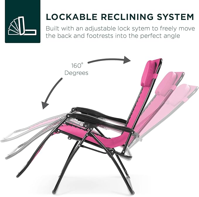 Best Choice Products Oversized Zero Gravity Chair, Folding Outdoor Patio Lounge Recliner w/Cup Holder Accessory Tray, Pillow - Hot Pink/Black