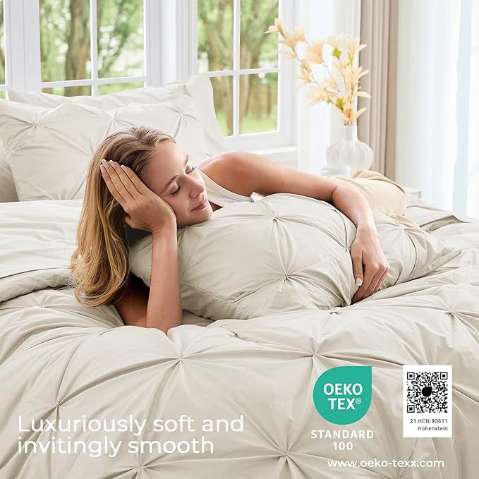 Sasttie Twin Comforter Set, 5-Piece Bed in a Bag, Pintuck Bedding Sets for All Season, Includes Comforter, Flat Sheet, Fitted Sheet, Pillowcase and Pillowsham, Beige