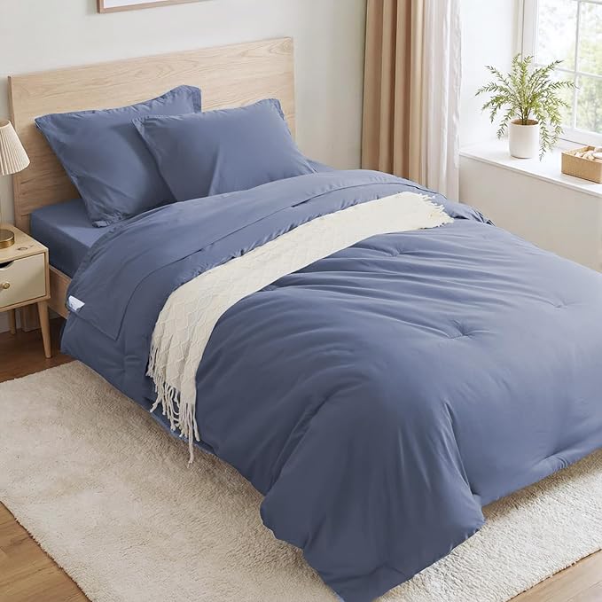 Anluoer Grayish Blue Twin Comforter Set 5 Pieces, Bed in a Bag with Sheets, All Season Bedding Sets with 1 Comforter, 1 Pillow Sham, 1 Pillowcase, 1 Flat Sheet, 1 Fitted Sheet