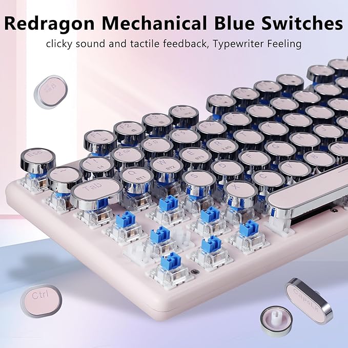 Redragon K710 Wireless Typewriter Mechanical Gaming Keyboard, Bluetooth/2.4Ghz/Wired, RGB Led Backlit, Blue Switch - Clicky, Rechargeable, Solid Metal Panel, Round Keycaps, Pink