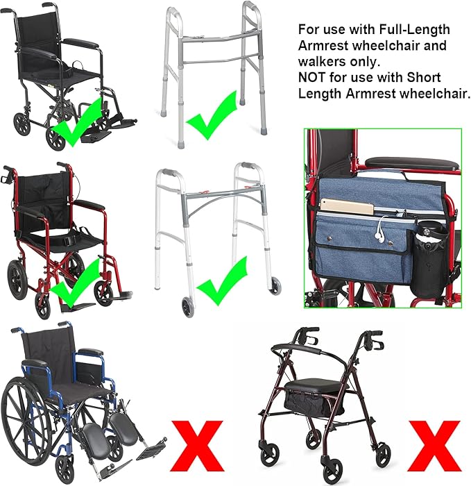 Wheelchair Storage Bag, Double-Sided Armrest Pouch with Cup Holder and Reflective Strip, for Wheelchairs and Walkers (Blue)