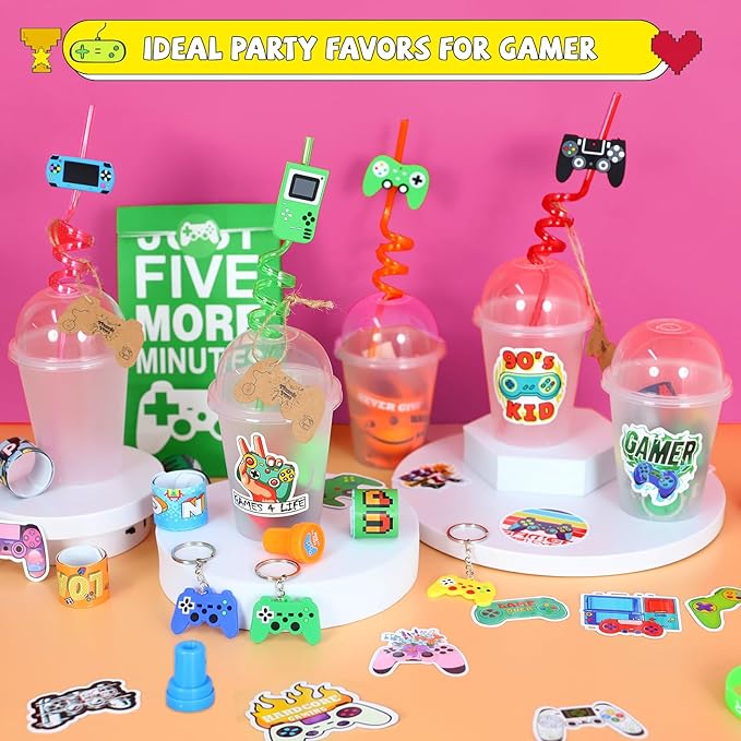 159 Pcs Video Game Party Favors, Gamer Gaming Party Favors - Drinking Straws Cups Slap Bracelets Keychains Gift Tags Stamps Stickers Gift Bags for Game On Birthday Party Favor Supplies