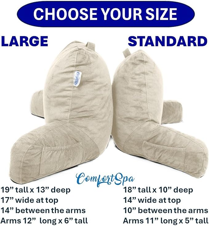 ComfortSpa Reading Pillow for Kids Teens Adult, Back Rest Pillow with Arms, Pockets, Washable Cover; Use as a Back Pillow for Bed Sitting Up for Bedrest or Relief from GERD Heartburn (Standard Cream)