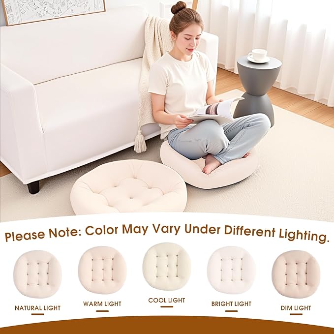 2Pcs Floor Pillows for Adults, 22x22 Inch Meditation Cushions, Large Round Sitting Cushion Living Room Memory Foam Pillow for Sitting (1, Beige, 22x22x4 Inch)