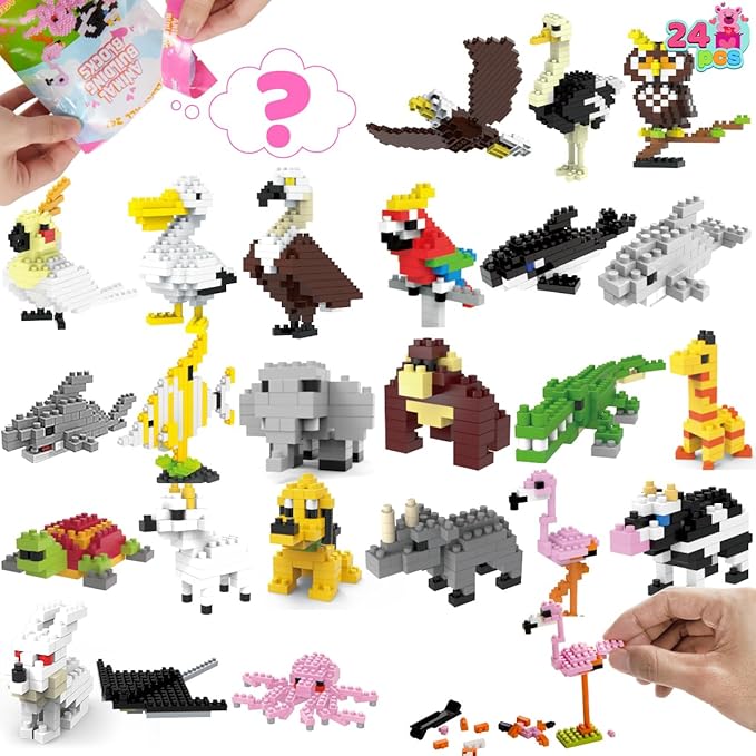 JOYIN 24 Pcs Valentine Animal Building Blocks in Blind Bags, Including Safari Animals, Sea Animals, Flying Birds Design, STEM Building Toys for Kids Valentine's Day Party Favors, Gift Exchange