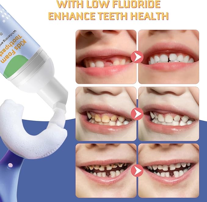 Foam Toothpaste Kids,Toddler Whitening Toothpaste with Low Fluoride & Natural Formula to Reduce Plaque,Kids Foaming Toothpaste for U Shaped Toothbrush for Children (Blueberry&Watermelon)