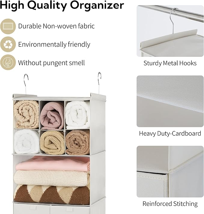 GRANNY SAYS Hanging Closet Organizer with Drawers, 4 Shelf Dividers Closet Hanging Organizer, Foldable Hanging Shelves for Clothes Organizer, Small Closet Organizers and Storage, Beige