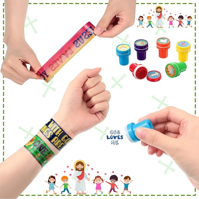 Jenaai 96 Pcs Religious Slap Bracelets with Stampers Bulk Assorted Jesus Love You Wristbands Christian Gifts for Kids Religious Prizes Bible Verse Party Favors for Sunday School Boys Girls
