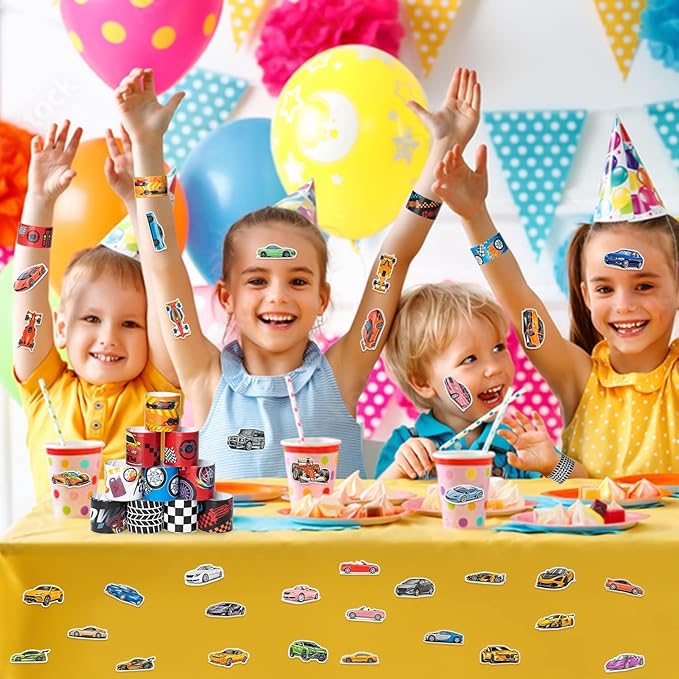 Haooryx 74PCS Racing Car Slap Bracelets 50PCS Race Car Stickers Party Favors Racing and Speed Themed Wristband Checkered Flags Slap Bracelets for Kids Car Birthday Party Classroom Rewards Supplies