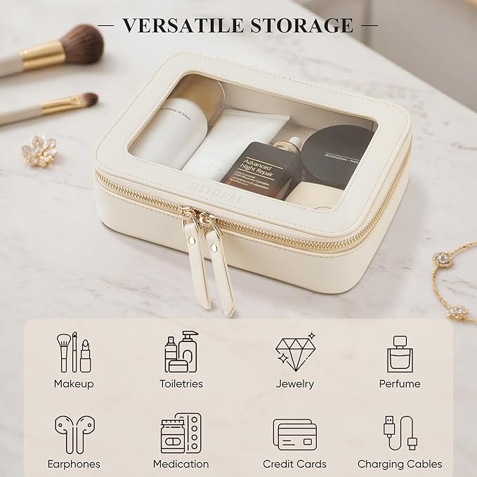MSTONAL Clear Makeup Bag, Travel Toiletry Bag Cosmetic Case for Women, Waterproof Portable Make Up Skincare Pouch with Zipper, Compact Car Organizer Bag for Essentials, Medium Size, Beige