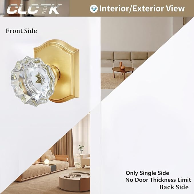 CLCTK 2 Pack Light Gold Crystal Glass Dummy Door Knobs, Non-Turning No Lock Single Side Dummy Door Knob for Interior Doors, Satin Brass