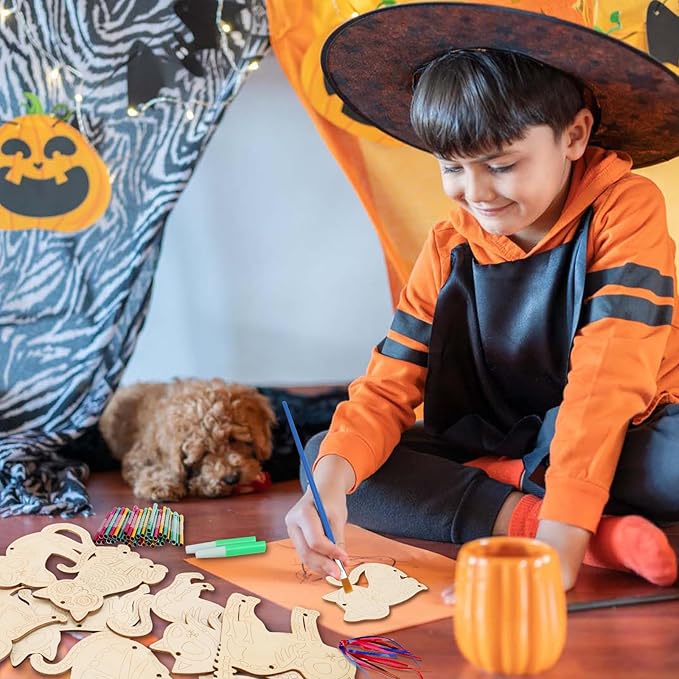 Fennoral 9 Pack Cat Wind Chime Kit for Kids Make You Own Glow in Dark Cat Skeleton DIY Coloring Wooden Arts and Crafts for Halloween Art Activity Halloween Party Decorations