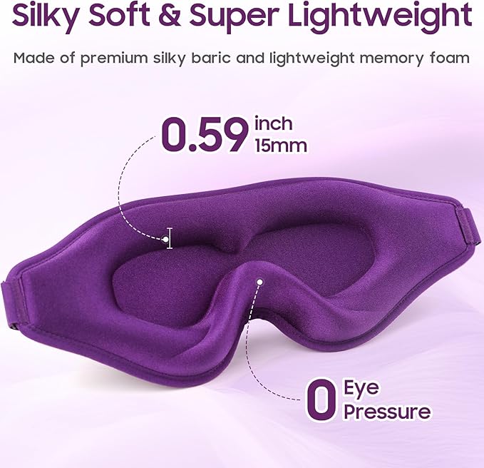 MOEASEii Sleep Mask - Total Blackout 3D Sleeping Mask, Super Lightweight & Silky Soft Eye Mask for Sleeping, Fully Adjustable Fit for Home, Office, Traveling, Meditation, Yoga, Purple