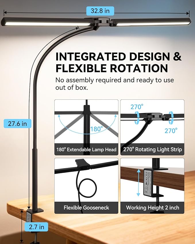 LED Desk Lamp for Home Office, Eye-Caring Architect Lamp with Clamp, Stepless Dimming Computer Light for Dual Screen Monitor, 5 Color Adjustable Lighting Mode, Workbench Light for Drafting, Study