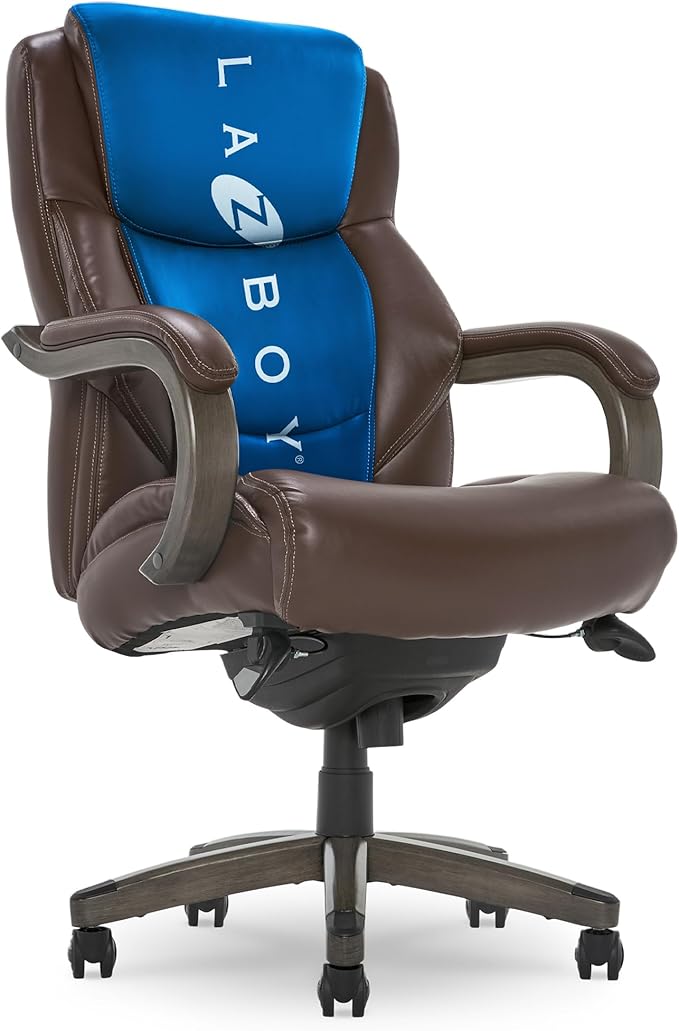 La-Z-Boy Delano Big & Tall Executive Office Chair | High Back Ergonomic Lumbar Support, Bonded Leather, Brown with Weathered Gray Wood |