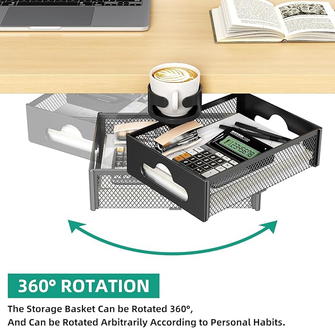 Desk Cup Holder with Drawer Organizer, Anti-Spill Clip-On Table Cup Hook with 360° Rotation Hidden Storage Box for Office Home Gaming Table (Black)