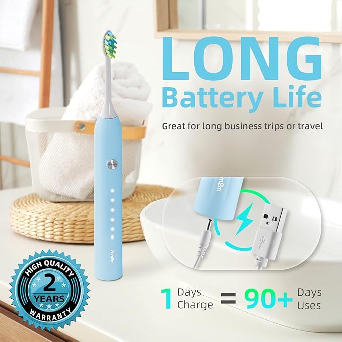 7AM2M Sonic Electric Toothbrush for Adults and Kids, with 8 Brush Heads and Travel Case,5 Modes with 2 Minutes Build in Smart Timer, One Charge Use for 90 Days, Rechargeable Toothbrushes (Light Blue)