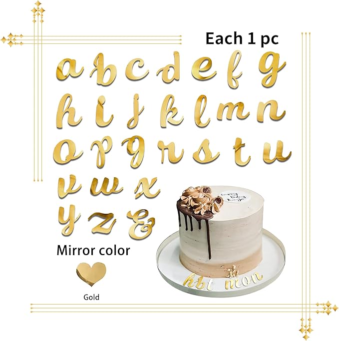 Acrylic Alphabet Cake Topper DIY Personalized Name Cupcake Toppers with A-Z Letter Mirrored Gold Picks for Custom Wedding Cake Decorations Baby Shower Happy Birthday Party Supplies (Lowercase)