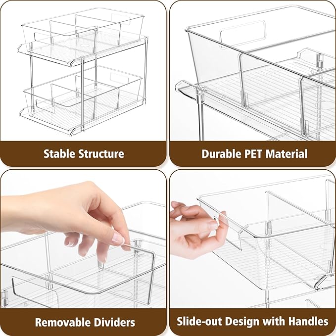 3-Pack Pull-Out Home Organizers, 2 Tier Clear Bathroom Organizer with Dividers, Multipurpose Vanity Counter Tray, Kitchen, Closet Organizers and Storage Container Bins for Cabinet, Pantry