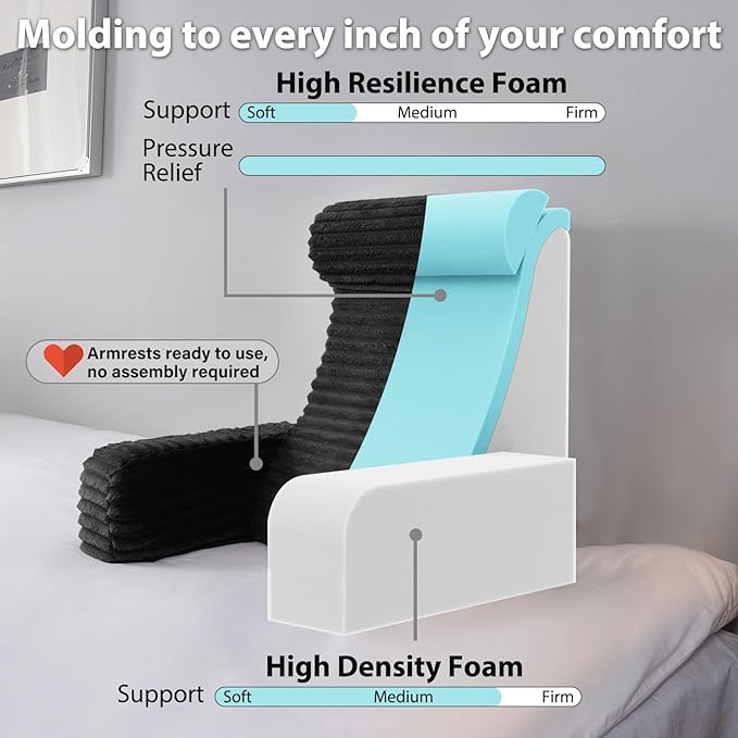 ENITYA 22" XL Ergonomic Bed Pillow for Sitting Up，Backrest Cushion for Reclining,Gaming,Resting,Watching TV,Recovery in Bed, Couch or Floor, Removable Cover, Black