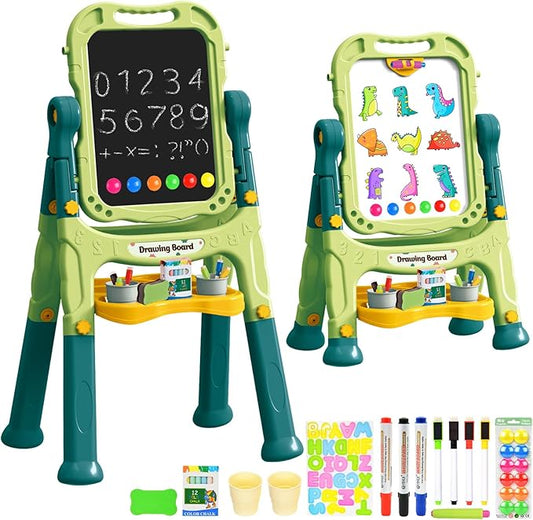 Kids Art Easel, Adjustable Drawing White Board & Chalk Board, Toddler Standing Easel with Painting Accessories, Gift for Girls Boy (Green)