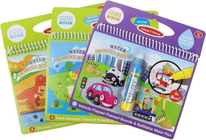 Jenilily Water Coloring Books with Pen Painting Board for Children Drawing Color Toys (Dinosaur & Cartoon Animal & Vehicle)