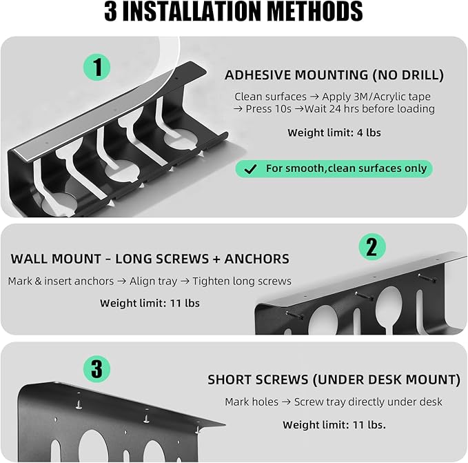 2 Pack Under Desk Cable Management Tray, 16.5" L x 4.7" W x 4.3" H, Wire Organizer for Power Strip, Tape Mount or Screw Mount, Easy Install Cord Raceway for Desk & Home