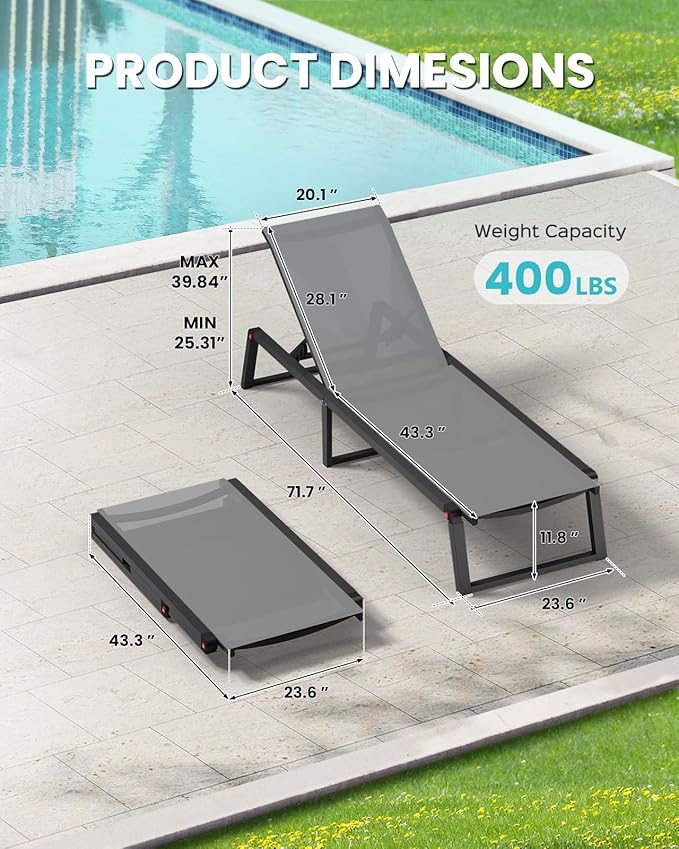 Aluminum Chaise Lounge Chair Outdoor, Foldable & Assembly Free Patio Pool Lounge Chairs 5-Position Recliner for Outside Poolside, Fully Grounded Legs Sun Lounger for Beach, Yard, Dark Grey