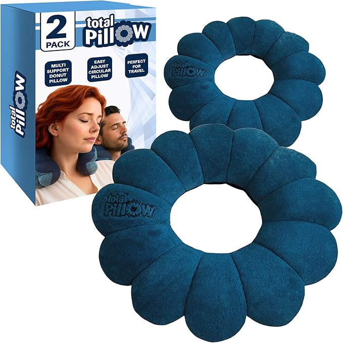 Total Pillow Donut Pillow for Airplane & Travel, Sleeping Neck Pillow, Microbead Comfortable Pillow for Neck, Head, Back, Lumbar & Pelvic Support, Twists to Many Positions - 2 Pack, Blue