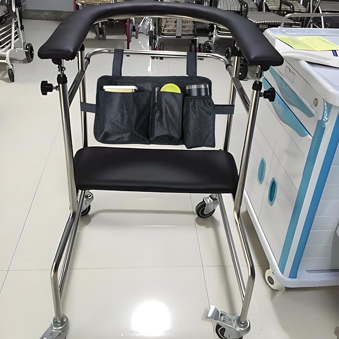 Wheelchair Side Bag with Cup Holder, Wheelchair Armrest Pouch Accessories for Walker, Rollator, Electric Scooter Wheelchairs (Black, 13.8X8 Inch)