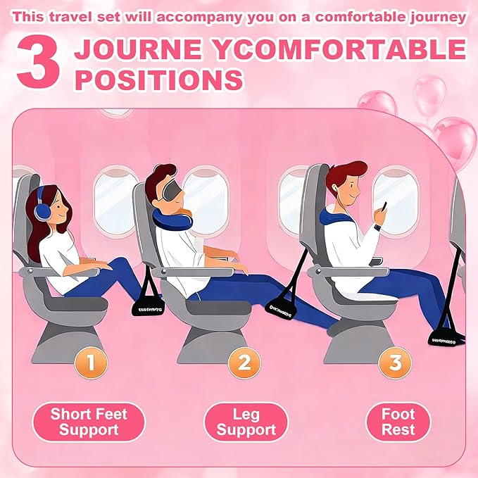 BreezeHug 4 Pcs Travel Comfort Kit with Memory Foam Travel Pillow Airplane Footrest Hammock 3D Contoured Eye Mask Compression Socks Neck Pillow for Car Flight Sleeping Support(Pink)