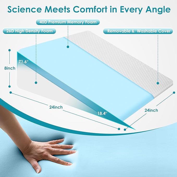 Wedge Pillow, 8 inch Bed Wedge Pillow for Sleeping & Resting, Cooling Memory Foam Incline Pillow for Adults Seniors, Back Support and Leg Elevation, Ideal for Couch, Bedroom & Living Room