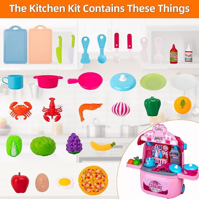 Awsoo Girl Toys Kitchen Playset for Toddlers 3, Portable and Multi-Functional Kitchen Playset with Toys Food, for Kids 3,4, 5, 6 Birthday Gift for Girls