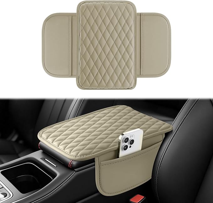 Amiss Car Center Console Cover, Leather Car Armrest Cushion with 2 Storage Pockets, Universal Waterproof Cushion Pad, Non-Slip Car Interior Accessories, Fits Most Sedans SUVs Trucks (Light Beige)