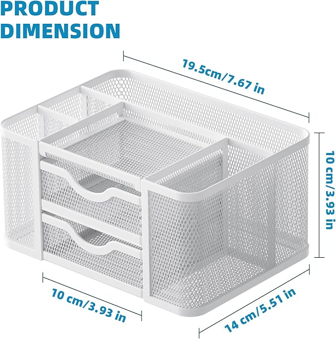 Marbrasse Mesh Desk Organizer, Pen Organizer with 2 Drawer, Multi-Functional Pencil Holder, Desk Organizers and Accessories with 5 Compartments + Drawer for Office Art Supplies (White)