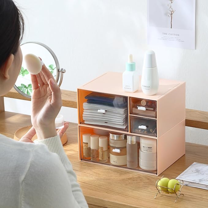 Desk Organizer with 4 Drawers, Makeup Organizer, Plastic Sundries Storage, Vanity Organizer, Cosmetic Storage Organizer, Desk Storage Box, Bathroom Counter or Dresser, Pink (CD-QBH-03)