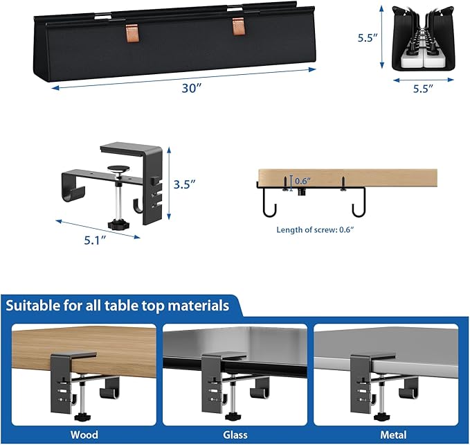 Zilink No Drill Under Desk Cable Management Tray 30" Cord Organizer for Table Clamp/Screw Mount Desk Cable Management Sturdy Waterproof Fabric Cord Hiders for Office, Home