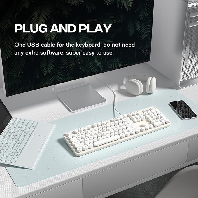 USB Wired Computer Keyboard - Full Size Office Keyboard with Number Pad, Caps Indicators, Foldable Stands, for PC Laptop Desktop Windows 7 8 10 (Creamy White)