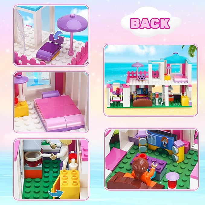 BRICK STORY Dream Girls Friends House Building Sets Beach House for Girls 319 PCS Seaside Villa with Swing Sun Lounger Building Kit Play Set Toys for Kids Aged 6-12